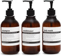 MaisoNovo Refillable Shampoo and Conditioner Bottles - 16.9 fl oz Set of 3 Amber Plastic Bottles Black Pumps
