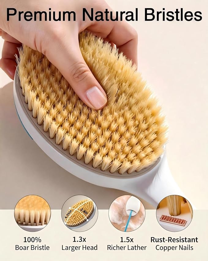 BUBBLEDANCE® Back Scrubber for Shower with Extendable Long Handle (17.5-31.9"), 1.3X Larger Natural Stiff Bristles, Anti-Slip Shower Brush for Deep Exfoliating, Bath & Dry Brushing