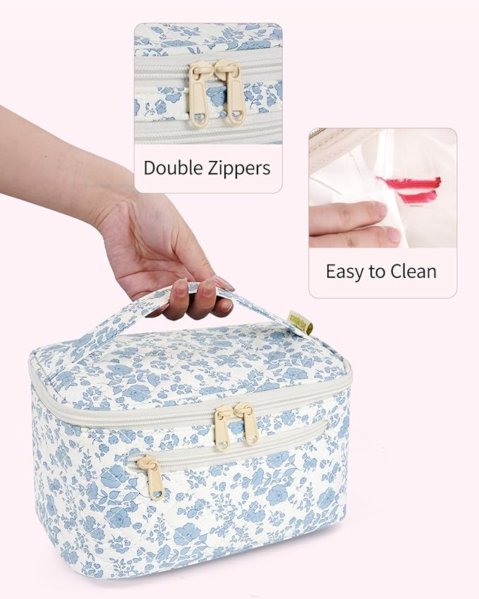 Wandering Nature Makeup Bag, Travel Make Up Organizer Cosmetic Brush Bags Case for Women in Quilted Fabric, Blue Flower, Patent Pending