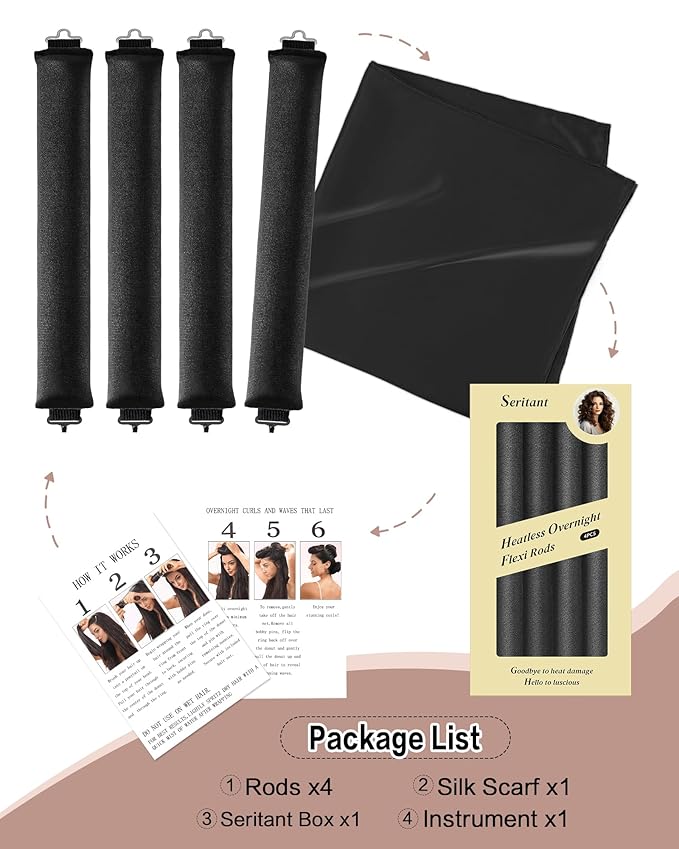 Heatless Curls Overnight with Satin Head Scarf, Velvet Hair Rollers for Blowout Look, No Heat Curling Rod for Long Thick Hair, Soft Sleep In Flexi Rods