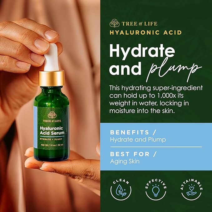 Tree of Life Beauty Hyaluronic Acid Serum, Skin Brightening Face Oil for Dark and Age Spots, Facial Serums for Dry and Sensitive Skin Care with Vitamin E for Soft Smooth Skin, 1 Fl Oz