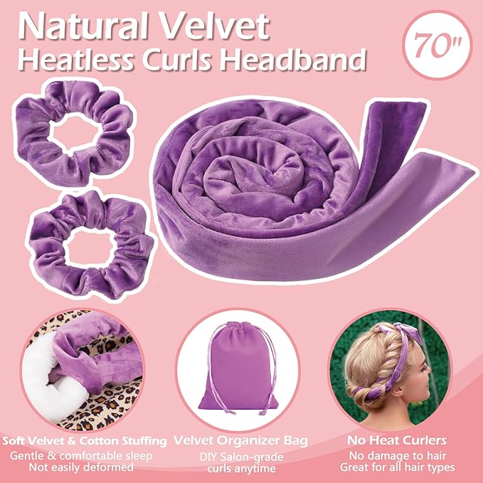 Heatless Curls Overnight Headband, 70'' No Heat Hair Curlers for Medium Long Hair, Purple