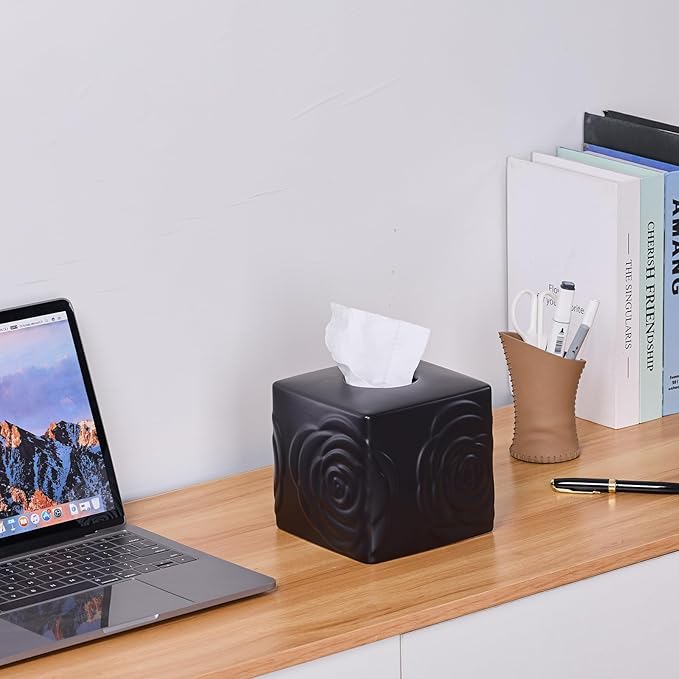 Black Ceramic Rose Tissue Box Cover, Carved Flowers Large Square Tissue Box Holder Decorative for Bathroom, Vanity, Kitchen Countertop, Bedroom Night Stands, Office Desk Top