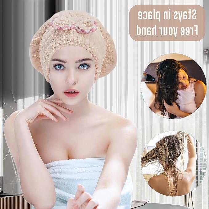 Microfiber Hair Drying Towel, 2 Pcs Fast Coral Velvet Absorbent Quick Dry Caps, Soft Towel for Women Wet Long Thick Hair (Khaki+Green)