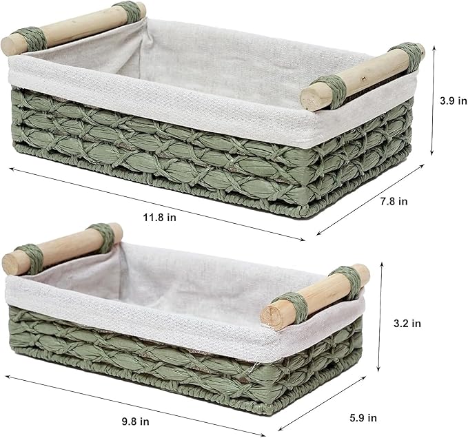 Baskets for Organizing, Set of 2 Green Wicker Bathroom Countertop Baskets with Liner, Paper Rope Basket Organizer with Wooden Handles for Vanity, Counter, Shelf Storage