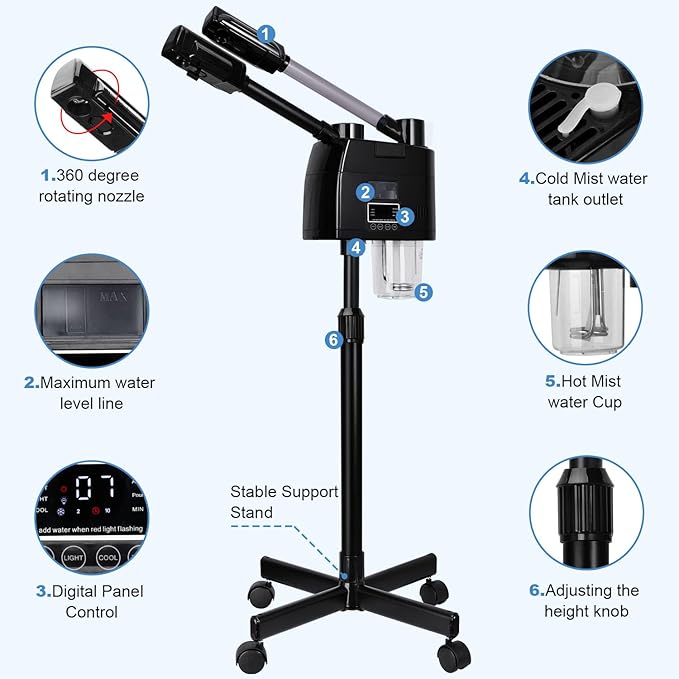 Professional Facial Steamer, 2 in 1 Facial Steamer, Esthetician Steamer with Hot&Cold Nozzle,Digital Face Steamer for Home Beauty Salon Spa