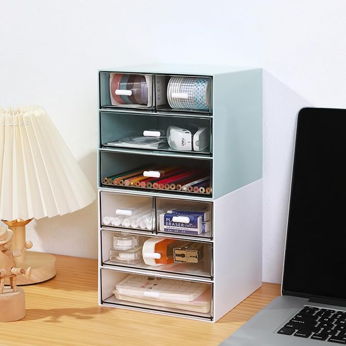 Makeup Organizer with 4 Drawers, Desk Organizer, Cosmetics Storage Box for nail polish, Lipstick, Brushes, Jewelry, Skincare, Bathroom Organization Boxes - Blue