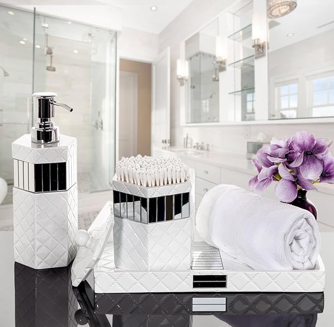 Creative Scents Quilted Mirror White Hand Soap Dispenser for Bathroom - Decorative Lotion Dispenser with Durable Metal Pump, Resin Countertop Shower Dispensers for Elegant Bathroom Decor