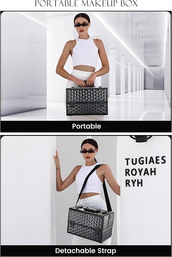 Joligrace Makeup Train Case Professional Cosmetic Organizer Aluminum Storage Box with 4 Adjustable Dividers Trays Lockable Portable with Shoulder Strap