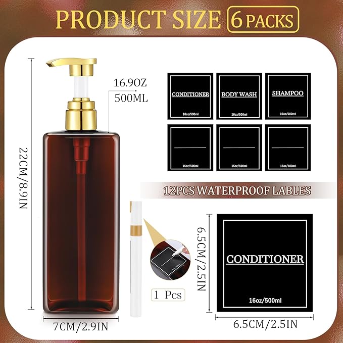 Gejoy 12 Pack Amber Shampoo and Conditioner Dispenser Bottles, 17 Oz/ 500ml Refillable Empty Pump Bottles with Labels and Marker Pen, Plastic Square Pump Dispenser Bottle for Bathroom Body Wash Shower