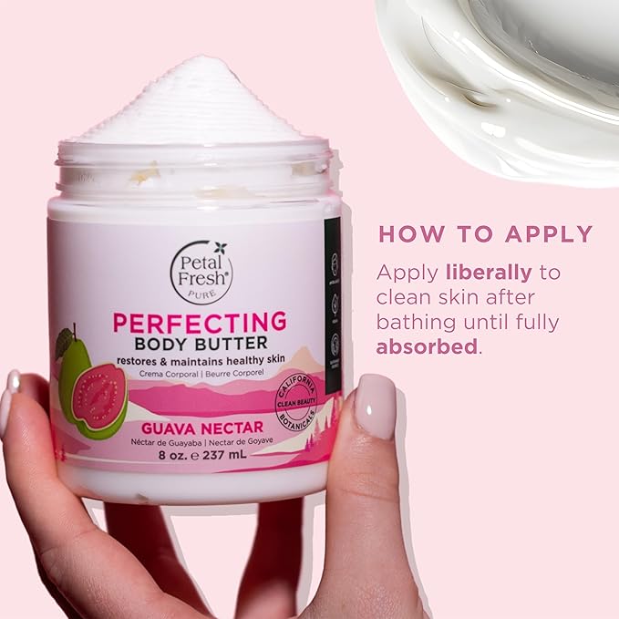 Petal Fresh Pure Perfecting Guava Nectar Body Butter, Organic Coconut Oil, Argan Oil, Shea Butter, Promotes Healthy Skin, Vegan and Cruelty Free, 8 oz (Guava Nectar)