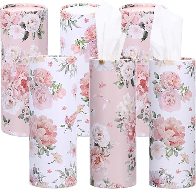 Ctosree 300 Sheets Spring Car Tissues Holder with Facial Tissues 3-ply Travel Tissue Tubes 6pk Floral Cylinder Box Container Fit for Car Cup Holder Office Decoration, 7.1 Inch(Champagne,White)