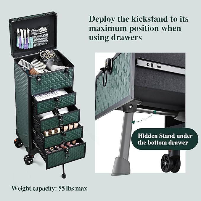 Nail Salon Cart with 4 Drawers,Rolling Makeup Train Case for Beauty,Cosmetology Case on Wheels Trolley Cart,Lockable Organizer Travel Case for Manicure/Face Painting/Hairstylist,DARK GREEN