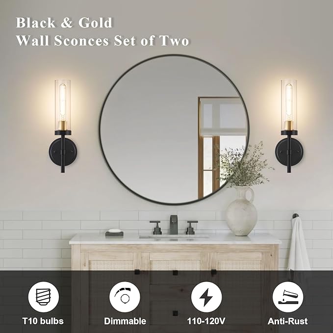 Black and Gold Hardwired Wall Sconces Set of 2, Modern Bathroom Vanity Sconces Wall Lighting with Clear Glass Shade, Farmhouse Wall Mount Lights for Mirror Bedroom Living Room Hallway Kitchen