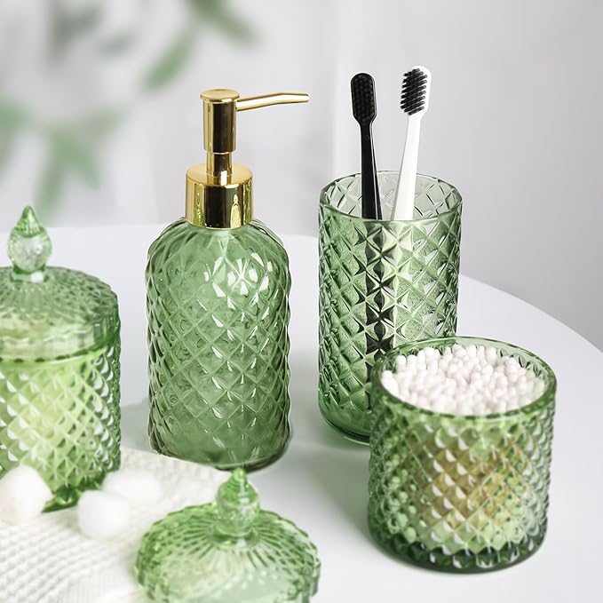 Green Bathroom Accessories Set, 4 Pack Olive Green Bathroom Decor Accessory Sets Complete, Diamond Glass Soap Dispenser and Toothbrush Holder Set for Bath Counter Organizer Essentials