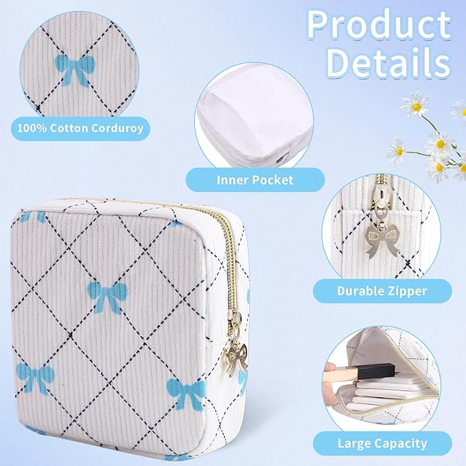 Period Bag for Women - Cute Corduroy Sanitary Napkin Storage Bag with Bow Design | Period Pouch for Daily Use, Travel | Discreet Menstrual Pouch | Pad Bags for Period Holds Pads, Tampons