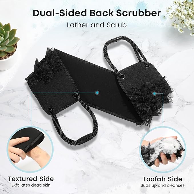 Back Scrubber with Handles for Shower, Wider 40 Inches Dual-Sided Back Washer with Exfoliating Texture and Loofah for Men, Women and Elderly, Bath Back Exfoliator Body Cleaner for Deep Cleansing