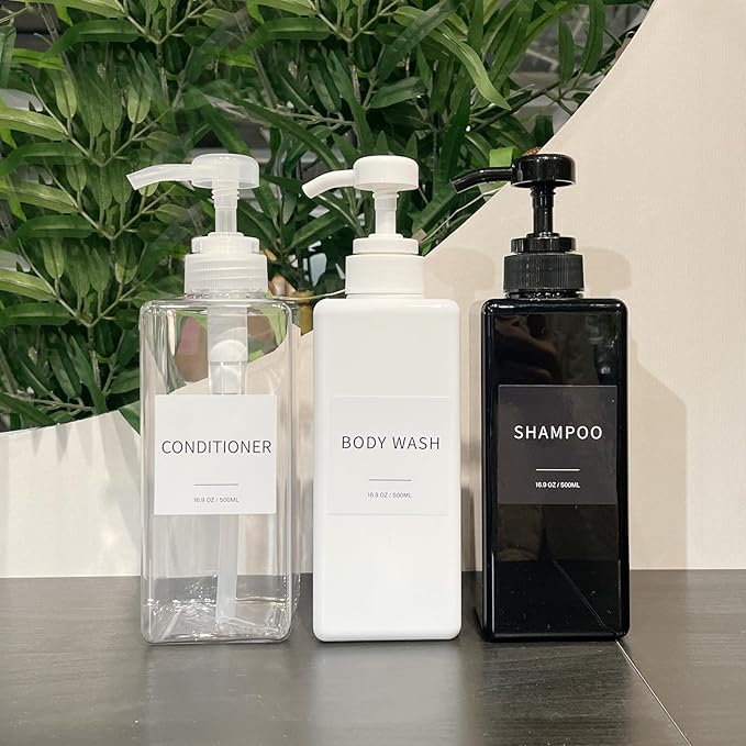 Shampoo and Conditioner Dispenser, Refillable Plastic Shampoo Pump Bottles with Waterproof Labels, Empty Body Wash Dispenser Set for Bathroom, Shower Soap Bottles (White, Set of 3, 16.9oz)