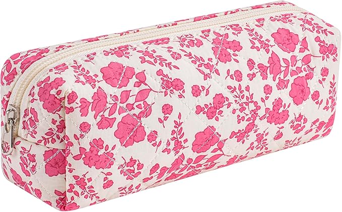 Cute Floral Makeup Brush Bag Small Cotton Quilted Cosmetic Bag for Women Travel Toiletry Zipper Make Up Pouch (Rose Red Floral)