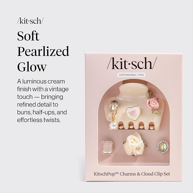 KitschPop ™ Hair Clips For Women with Charm Sets -Customizable Cloud Claw Clip With Interchangeable Collectible Cute Charms | Ideal Gifts For Women - Pearlized Cream, 7pcs Set