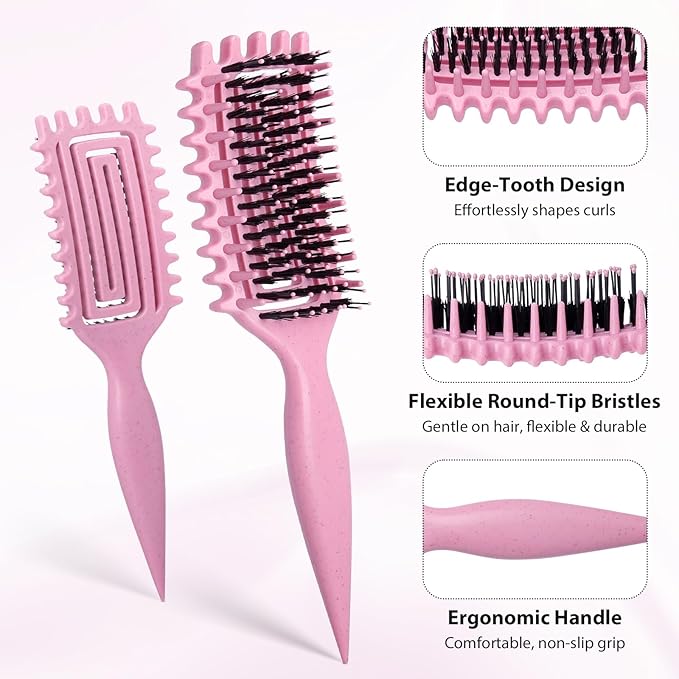 Curl Defining Brush, Curly Hair Brush with Vented Design for Detangling and Shaping, Wet & Dry Use, Reduces Pulling for Women and Men (Pink)
