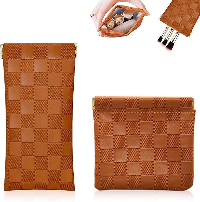 2Pcs Small Makeup Bag for Purse, Mini Checkered Leather Purse Pouches for Purse Small Makeup Pouch Small Coin Purse Organizer Pouches, Portable No Zipper Pocket Cosmetic Bag for Women (Brown)