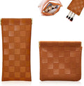 2Pcs Small Makeup Bag for Purse, Mini Checkered Leather Purse Pouches for Purse Small Makeup Pouch Small Coin Purse Organizer Pouches, Portable No Zipper Pocket Cosmetic Bag for Women (Brown)