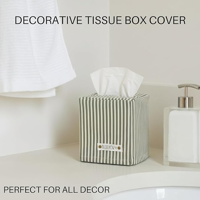 Stylish Tissue Box Cover - This Sage Striped Linen Holder Instantly Covers Your Square Tissue Boxes - The Perfect Cube Cover for Your Bathroom and Home