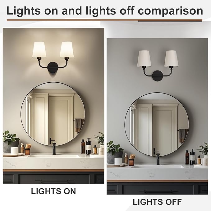 Bathroom Vanity Light, Matte Black Bathroom Light Fixtures, 2-Light Lighting Fixtures Over Mirror, Modern Wall Sconce with Flared White Fabric Shade, E26 Socket(ETL Listed)