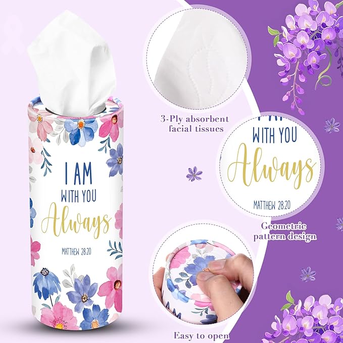 Outus 12 Pcs Floral Christian Car Tissues Cylinder Holder with 3 Ply Facial Tissue Bulk Inspirational Bible Verse Tissue Holder Flower Religious Travel Tissues Boxes Container for Car Cup Home Office