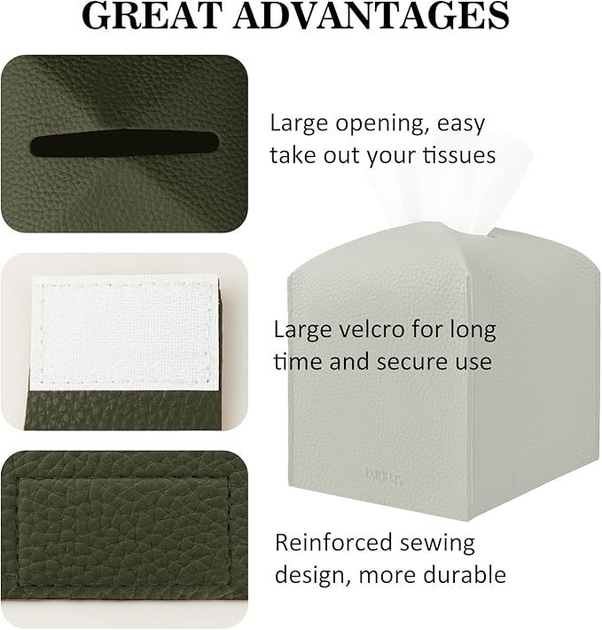 Tissue Box Cover Holder Square Tissue Cube Cover PU Leather Tissue Organizer with Bottom Belt for Bathroom, Tabletop, Car, Night Stands, Office, Home, Kitchen (2, OliveGreen)