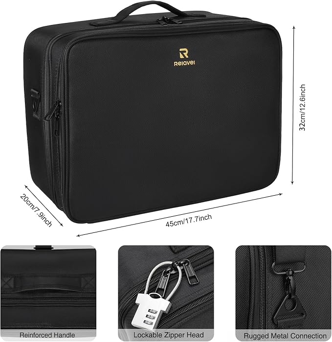 Relavel Extra Large Makeup Case, Professional Makeup Artist Bag Double Layer Compartment Cosmetic Travel Organizer Bag Makeup Brush Storage Holder with Adjustable Dividers and Shoulder Strap, Black