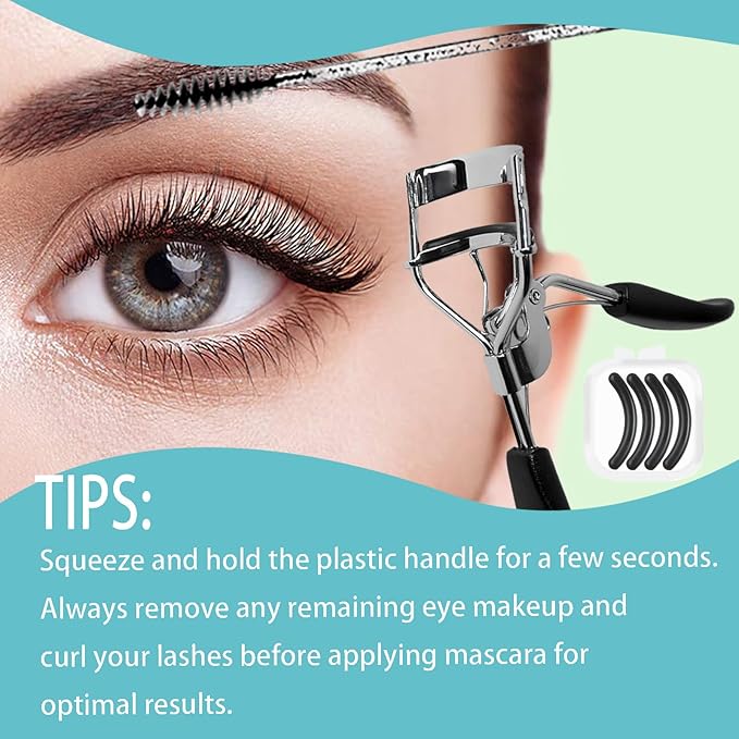 BenePoint Eyelash Curler, Lash Curler with Bonus 4Pcs Replacement Lash Pads& 5Pcs Eyelash Spoolies, Eyelash Curler Kit Portable Travel Eyelash Curler for Eyelash Extension (Black)