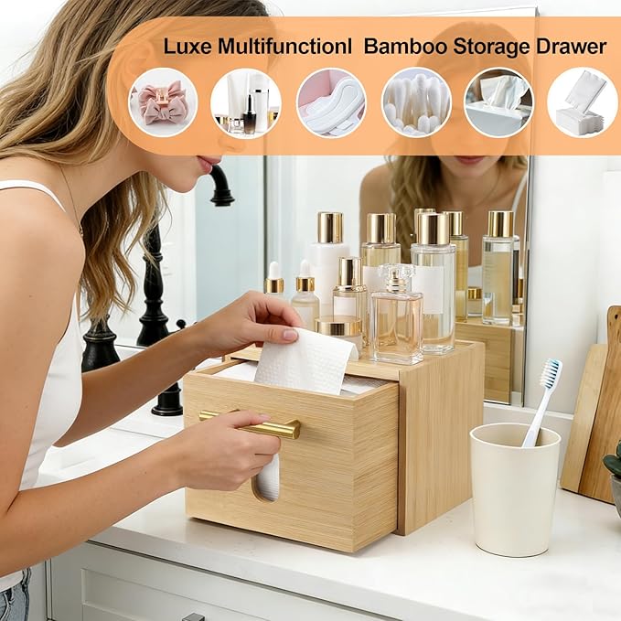 BSSN Face Towels Holder with Glass Cotton Balls Holders , Disposable Towelettes Bamboo Box , Facial Towels Container with Drawer, Towel XL Organizer for Bathroom, Makeup Remover Dry Wipes Washcloths