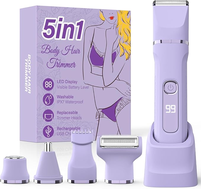 Bikini Trimmer for Women,5-in-1 Electric Razors for Women,Electric Shaver for Women's,IPX7 Waterproof Trimmer for Men Legs,with 5 Replaceable Blade Heads,USB Recharge Dock（Purple）