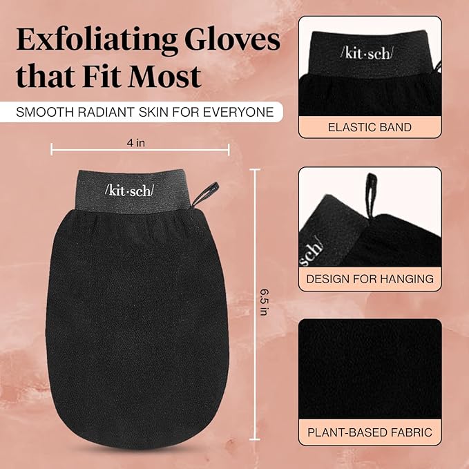 Kitsch Exfoliating Glove 1pc – Korean Exfoliating Mitt & Deep Exfoliating Body Scrubber for Shower, Bath | Body Exfoliator Glove, Dead Skin Remover | Skin Care for Smooth Skin - Black