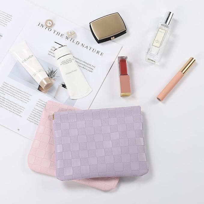 Sightor 2PCS Pocket Cosmetic Bag for Purse, Checkered Makeup Bag Portable Leather Cosmetic Bag for Women, Coin Purse Lipstick Cosmetic Accessories Organizer Travel Cosmetic Pouch (Pink, Purple, L)