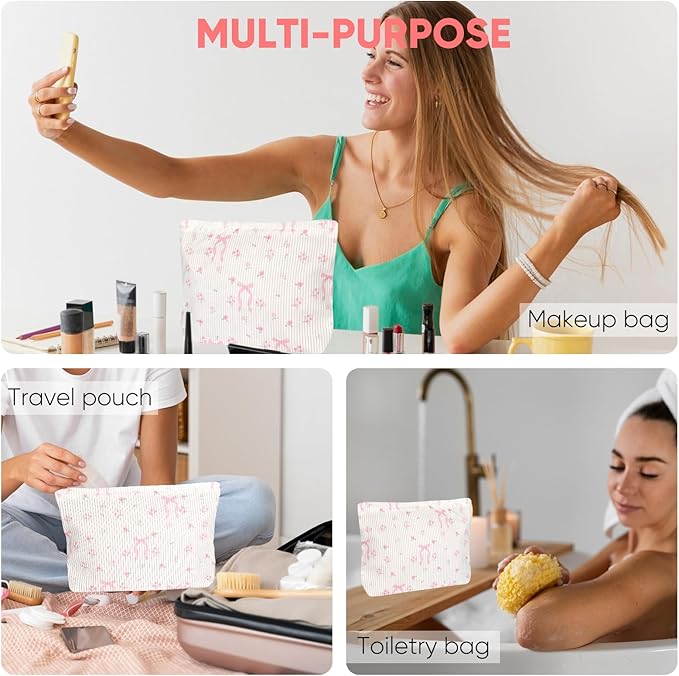 Cute Makeup Pouch for Women Flower Small Make Up Bag for Purse Zipper Initial Cosmetic Bags Pouches for Purse Aesthetic Travel Toiletrybags,Pink Bow Rose Floral
