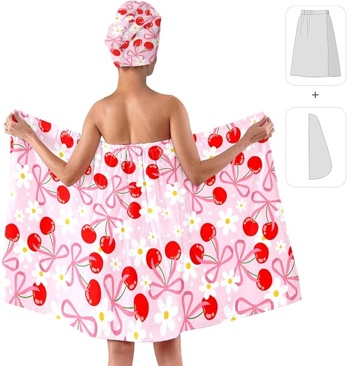 Cherry Bath Wrap with Matching Hair Drying Cap – Soft Microfiber Lightweight Shower Towel Skirt Set for Women, Girls, Spa and Travel (Cherry 6)