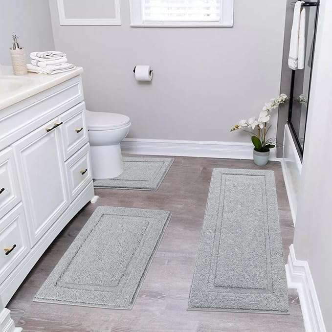 SHACOS Bathroom Runner Rugs Set of 3 Ultra Soft Bath Mat with U Shaped Toilet Rug Absorbent Non Slip Microfiber Bath Rugs for Bathroom Kitchen Bedroom, Light Gray