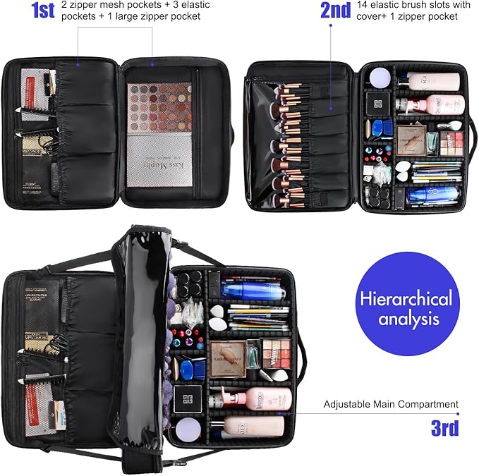 Relavel Extra Large Makeup Case, Professional Makeup Artist Bag Double Layer Compartment Cosmetic Travel Organizer Bag Makeup Brush Storage Holder with Adjustable Dividers and Shoulder Strap, Black