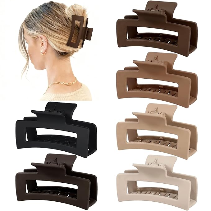 3.5 Inch Medium Hair Claw Clips 6 Pack Hair Clips for Women Square Rectangle Claw for Hair Banana Jaw Clips Hair Accessories for Girls -Coffee Brown