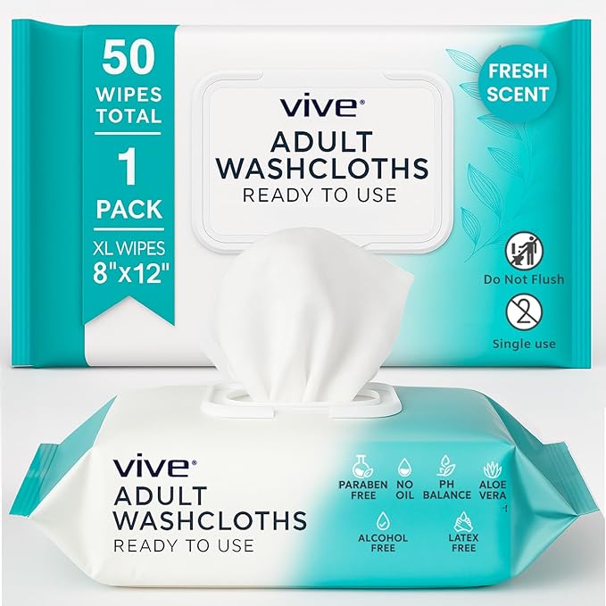 Vive Disposable Washcloths for Adults & Elderly (1 Pack - 50 Count - 8"x12") – Incontinence Wipes for Men & Women – Hypoallergenic No Rinse Adult Body Wipes for Sensitive Skin – Fresh Scent