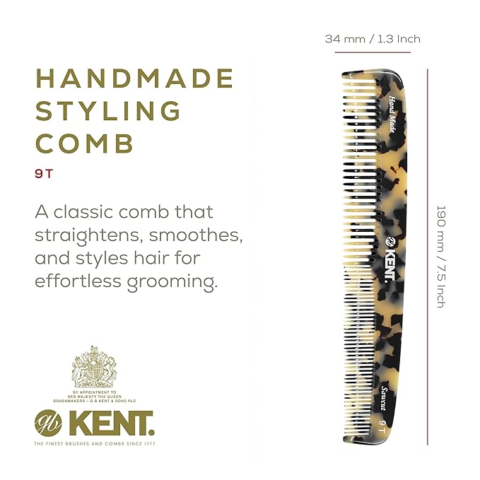 KENT 9T Fine Tooth and Wide Tooth Comb Detangler Hair Combs - Large Handmade and Saw-Cut Dressing Comb - Wet Hair Comb, Made in England (White Tokyo), 2 Pack