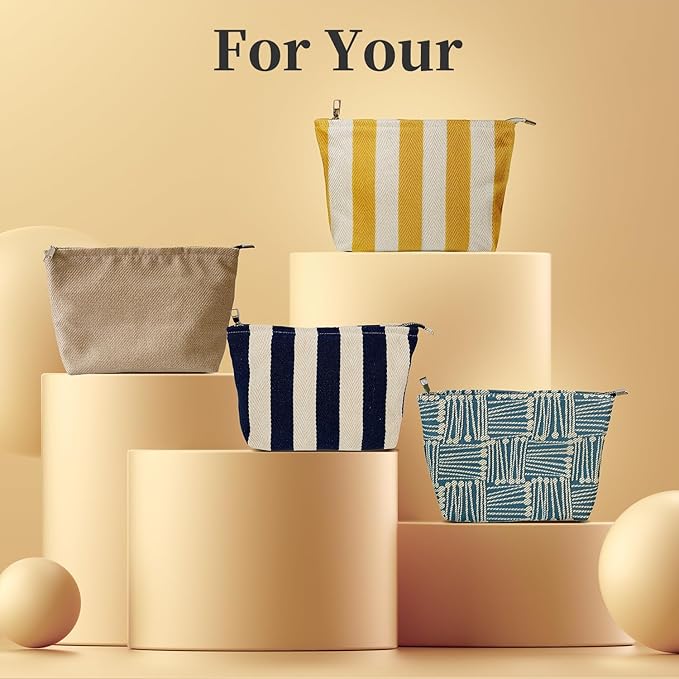 Blue Striped Makeup Bag for Women, Canvas Cosmetic Bag, Large Zipper Pouch(10.6" * 7.1" * 2.8"), Make Up Bag for Purse, Perfect for Storing Makeup And Accessories, Makeup Bag for Daily Travel Gifting