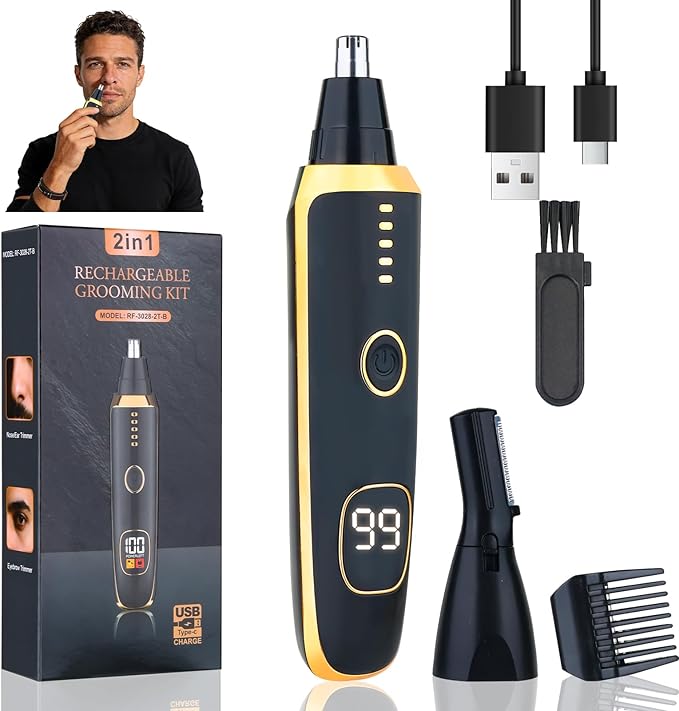 LED Display Eyebrow & Nose Hair Trimmer Clipper for Men Women,2026 Rechargeable 2 in 1 Painless Ear & Facial Hair Trimmer with Powerful Motor and Dual-Edge Blades Easy Cleansing (Black)