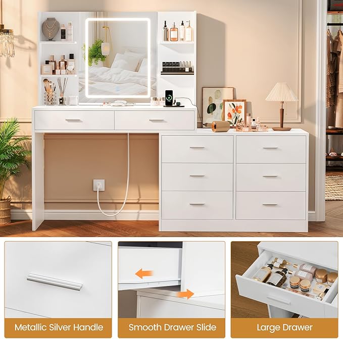 Quimoo Vanity Desk with LED Lighted Mirror & Power Outlet, Modern Corner Makeup Vanity Table with 8 Drawers & Open Shelves, Dressing Table for Bedroom, Makeup Room, White
