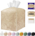 Tissue Box Holder Cover Square Tissue Cube Cover PU Leather Tissue Organizer with Bottom Belt for Bathroom, Tabletop, Kitchen, Night Stands, Office, Home, Car (1, SoftBeige)