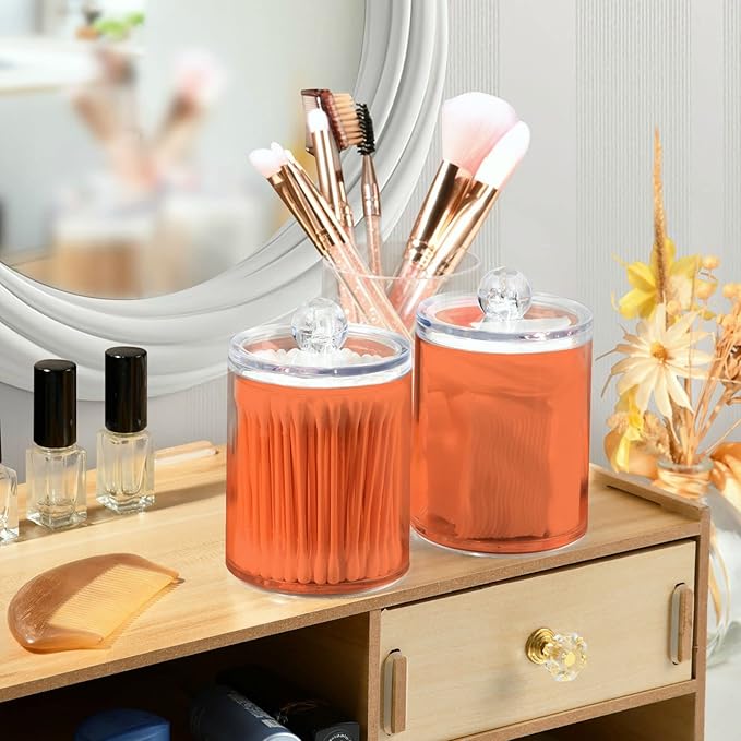 Coral Qtip Holder Organizer Dispenser Cotton Swabs Cans Plastic Jars with Lid Set 2 Pack Bathroom Storage Canister for Cotton Ball Floss Cotton Pads