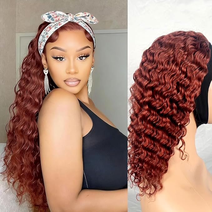 XSY Headband Wig Human Hair Deep Wave Reddish Brown None Lace Front Wig 33# Red Brown Brazilian Virgin Hair Glueless Wear and Go Curly Headband Wigs for Black Women 24 Inch